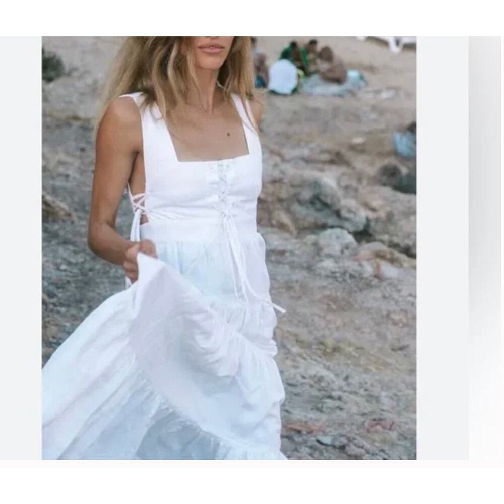 Shona Joy Blanca Linen Lace Up Tiered Maxi Dress White Ivory Small - Picture 2 of 9